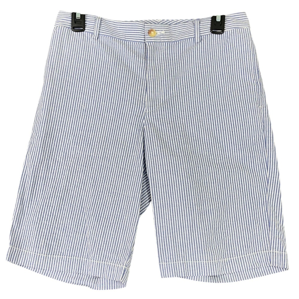 Polo Ralph Lauren Shorts Boys 18 Blue White Seersucker Striped Flat Front Preppy